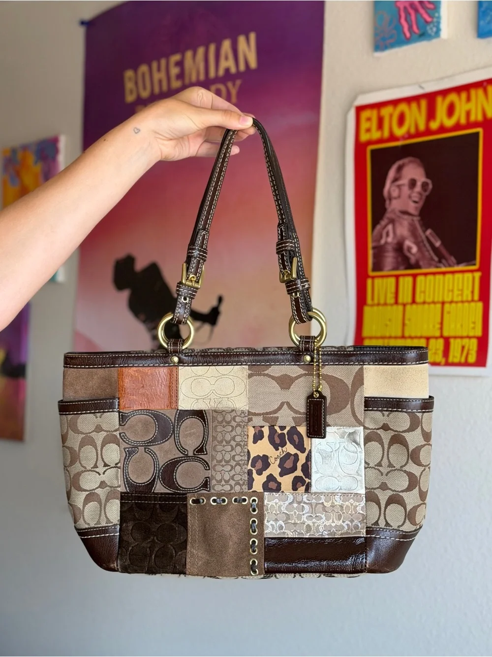 Vintage Y2K Coach Patchwork Signature Canvas Tote in Brown and Tan /Shoulder-bag